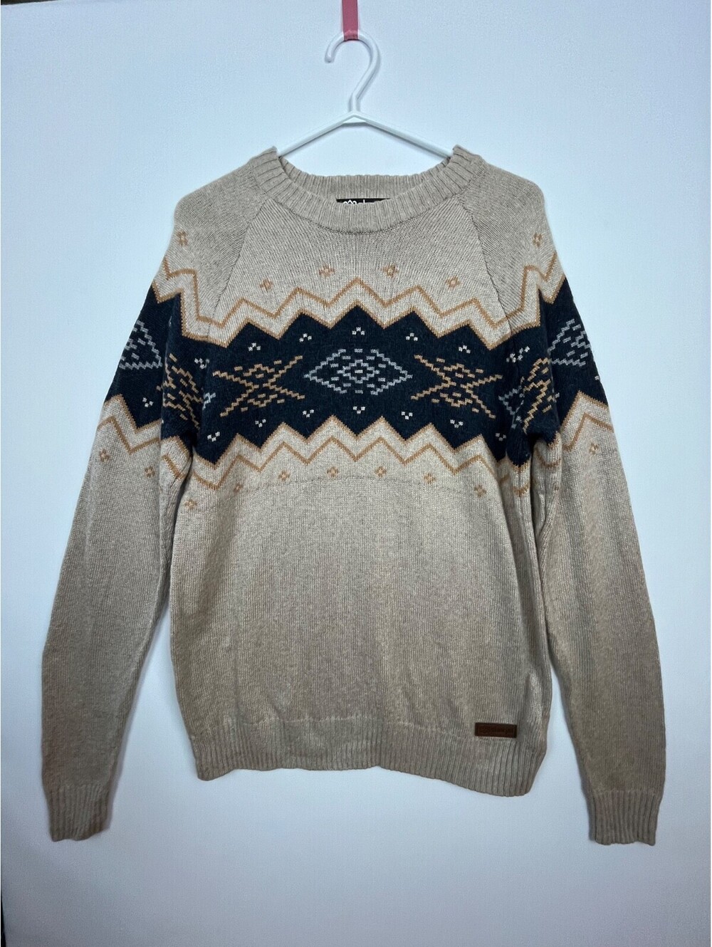 Sherpa Adventure Gear Mens L Nordic Sweater Merino Alpaca Beige Blue Fair Isle